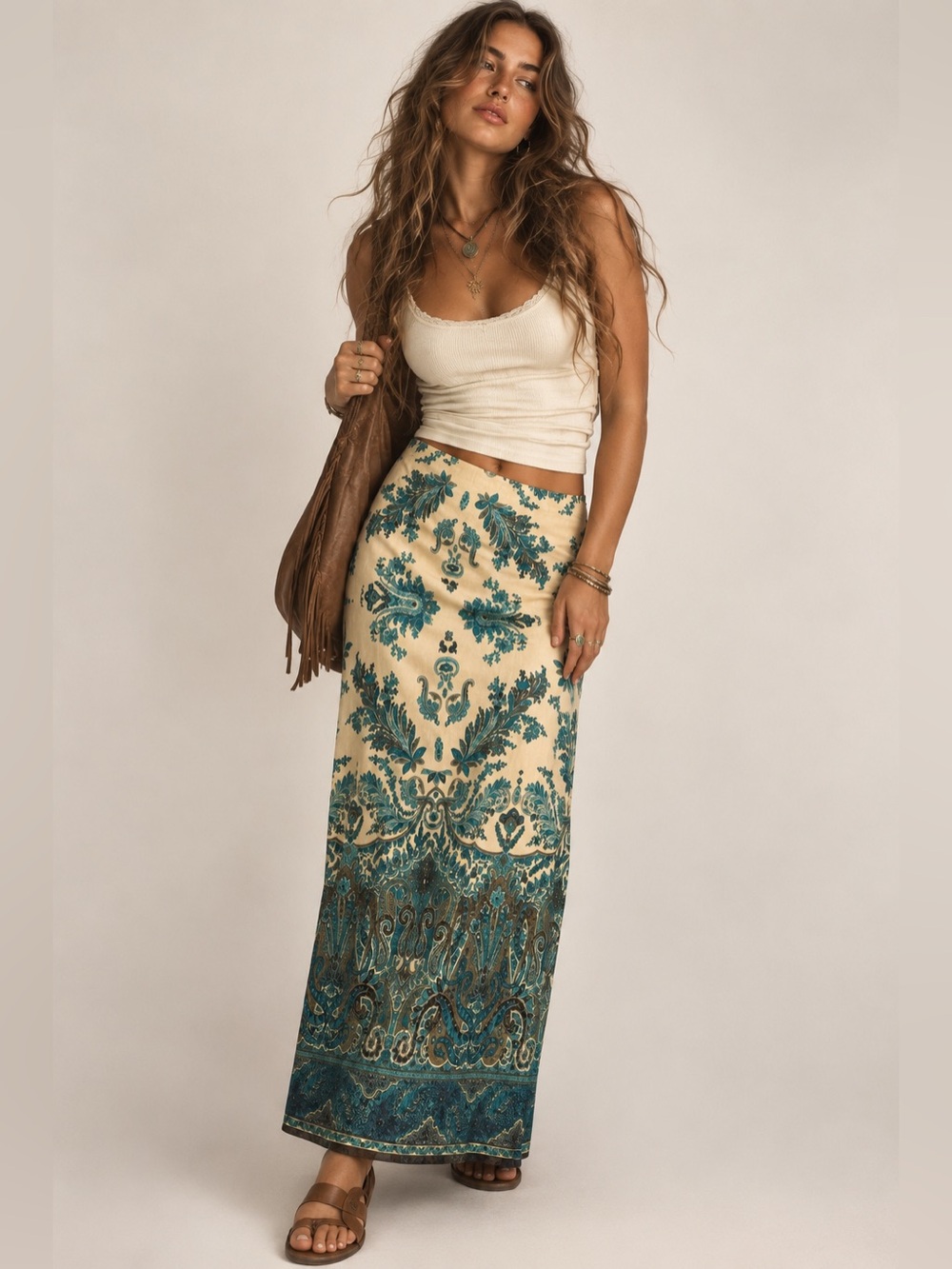 Vintage 90s Linen Paisley Maxi Skirt Boho Hippie Cottagecore Sz 14 McNaughton